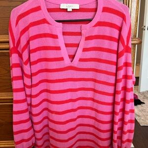 LOFT Vibrant Pink and Red Striped V-Neck Sweater